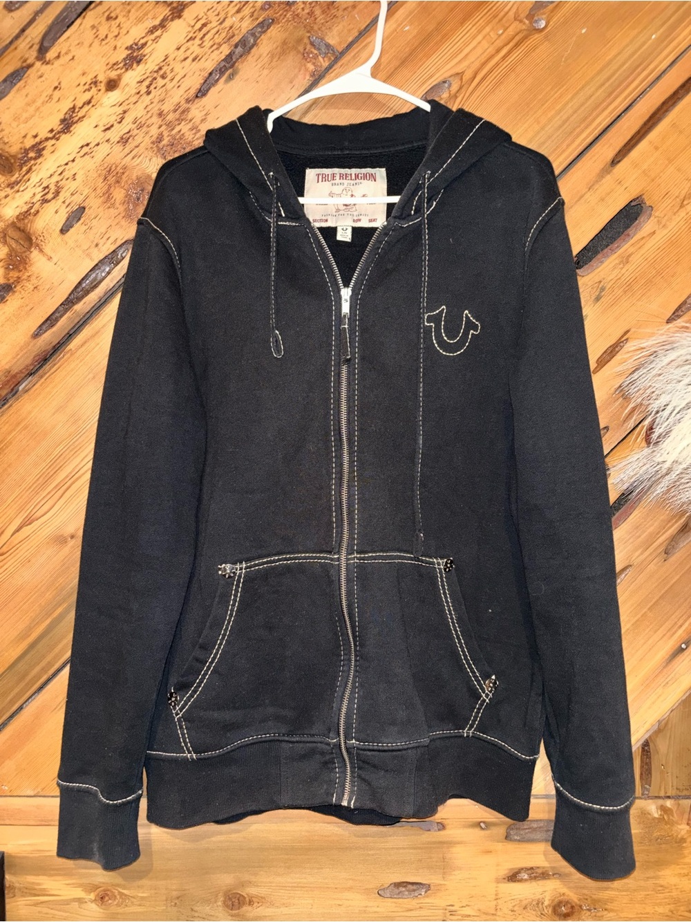 True Religion Black Zip Hoodie with Contrast Stitching